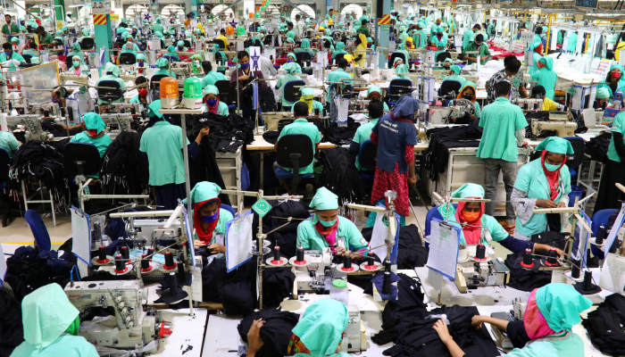 Garment employees work at Fakhruddin Textile Mills Limited in Gazipur, Bangladesh, in February 2021